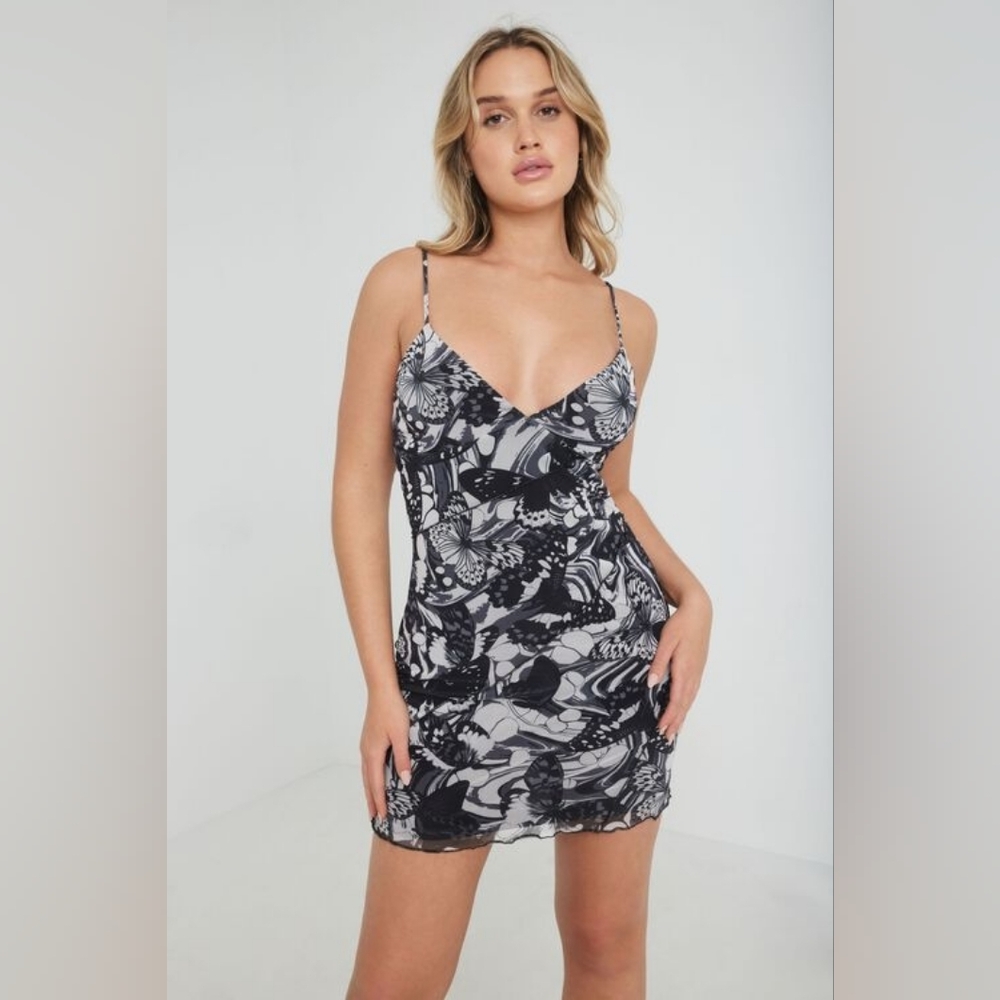 Garage | Black Butterfly Mesh Mini Cami Dress